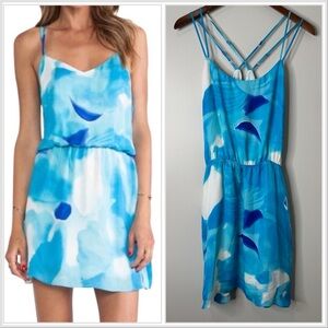 NWT Parker Jameson 100% Silk Blue Watercolor Strappy Mini Dress in Poolside